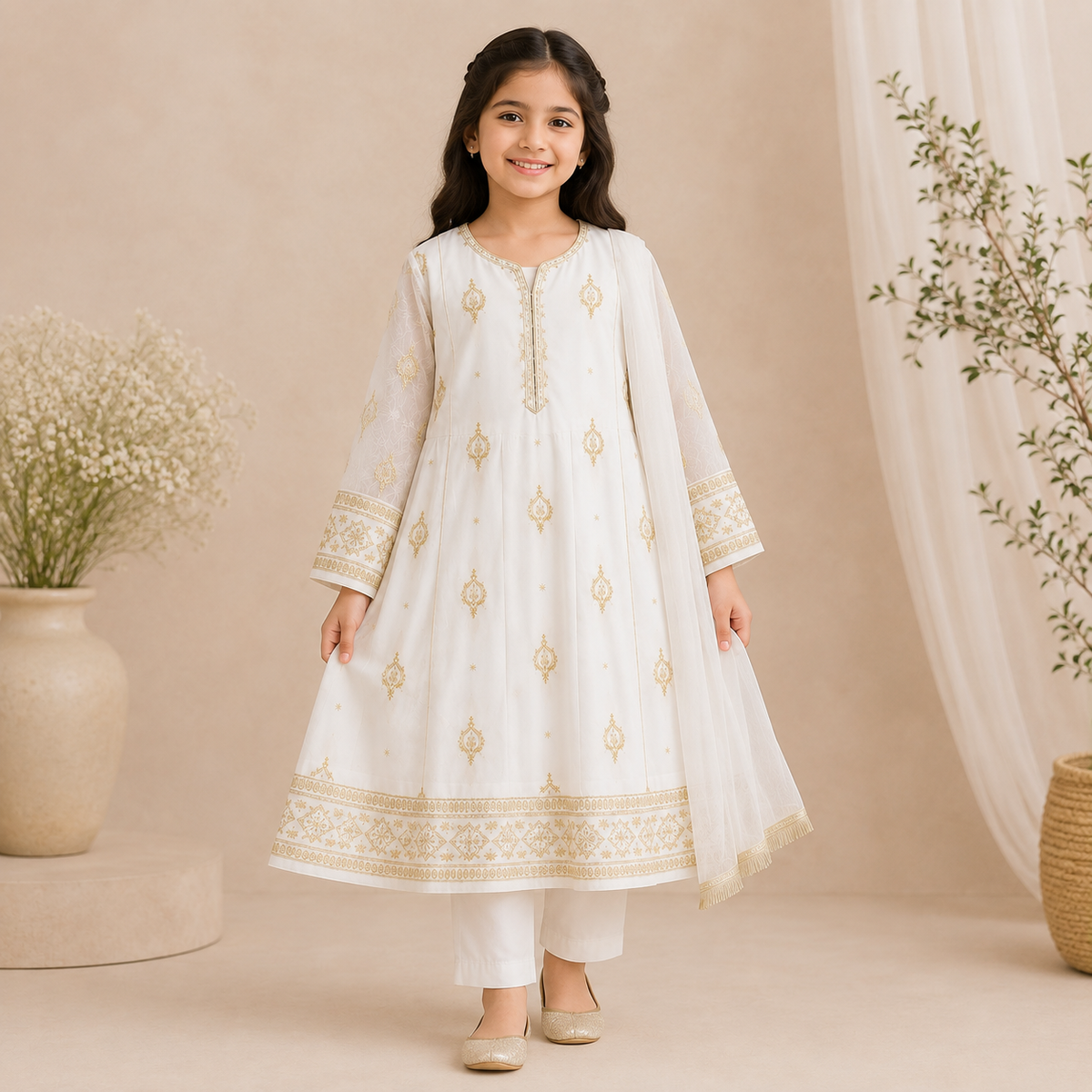Mehr White and Gold Embroidered 3-Piece Set detail view - girls formal wear Pakistan by Little Maryam