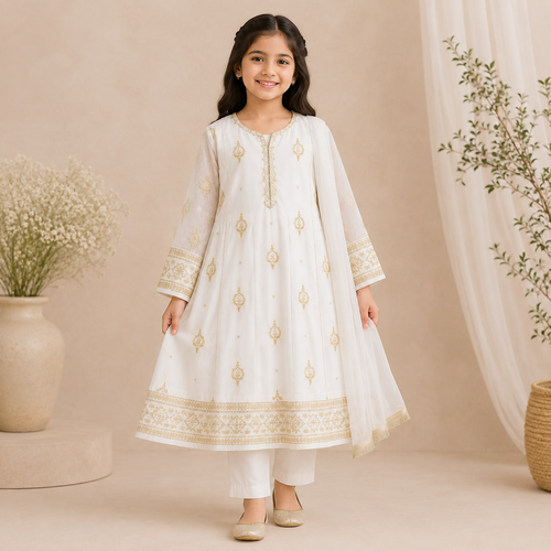 Mehr White and Gold Embroidered 3-Piece Set detail view - girls formal wear Pakistan by Little Maryam