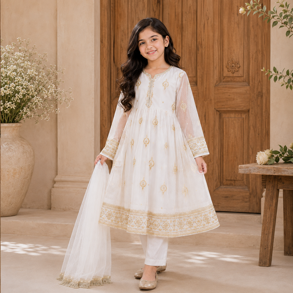Mehr White and Gold Embroidered 3-Piece Set front view - baby girl wedding outfit by Little Maryam