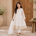 Mehr White and Gold Embroidered 3-Piece Set front view - baby girl wedding outfit by Little Maryam