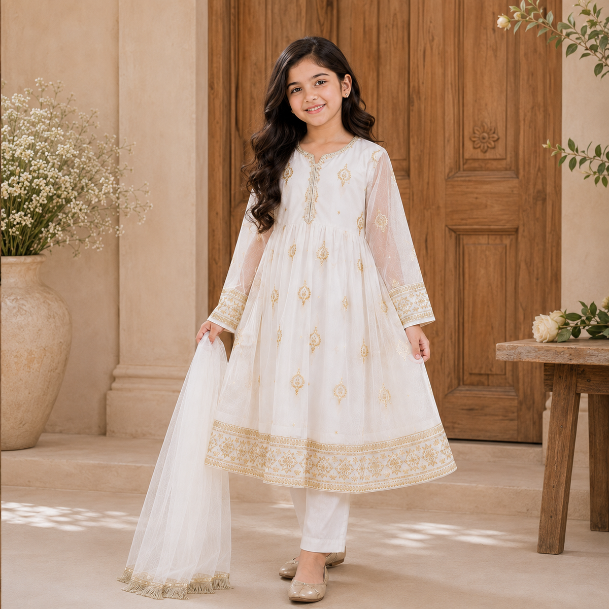 Mehr White and Gold Embroidered 3-Piece Set front view - baby girl wedding outfit by Little Maryam