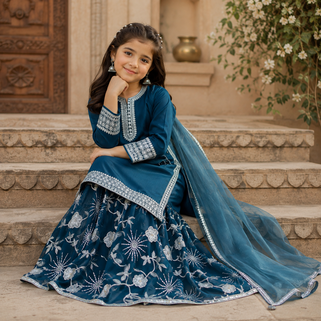 Zinc Noor Embroidered Gharara Set outfit view - Heritage Collection by Little Maryam