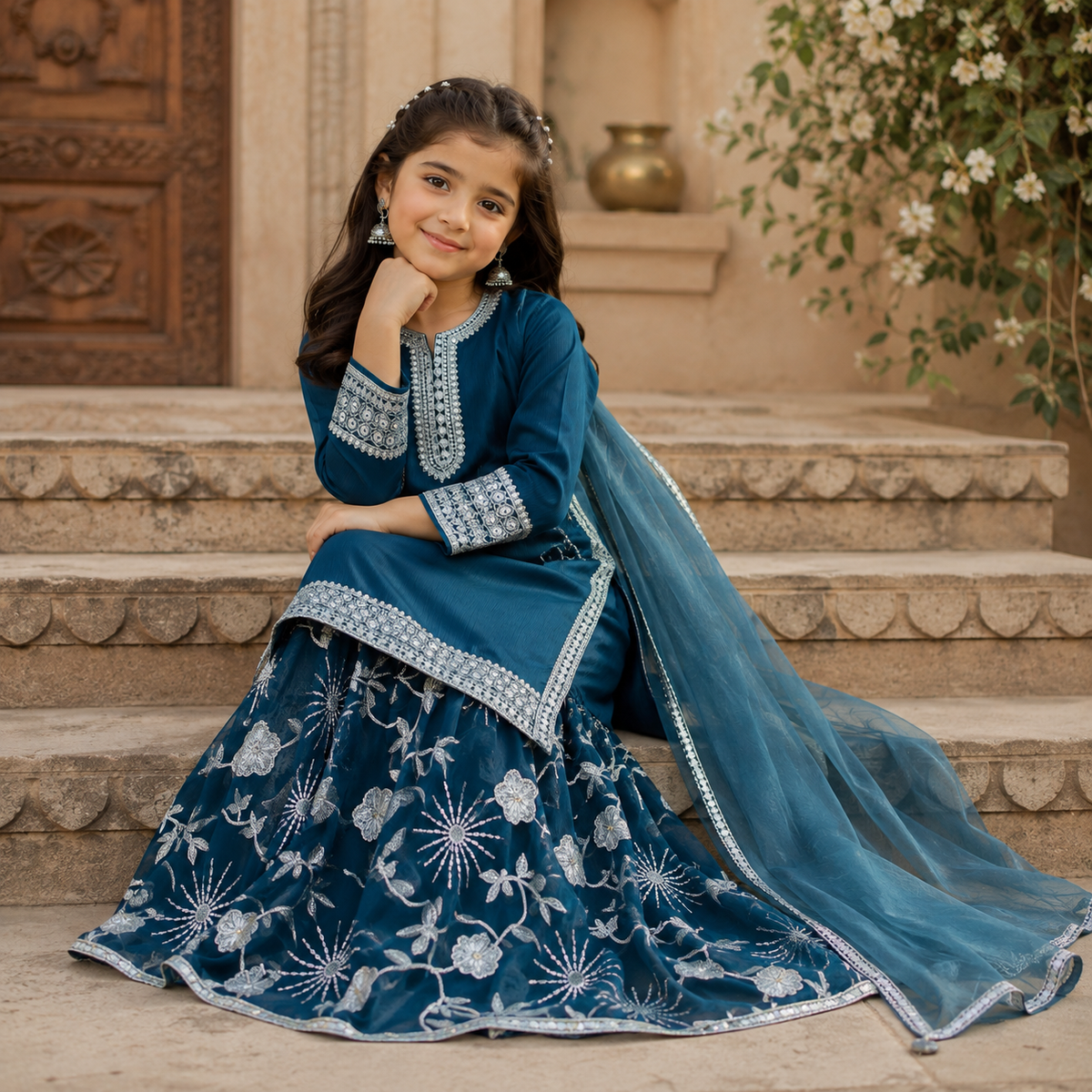 Zinc Noor Embroidered Gharara Set outfit view - Heritage Collection by Little Maryam