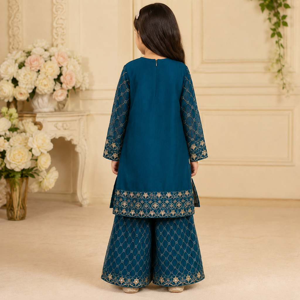 Teal Blue Embroidered Gharara 3-Piece Girls Suit