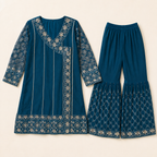 Teal Blue Embroidered Gharara 3-Piece Girls Suit