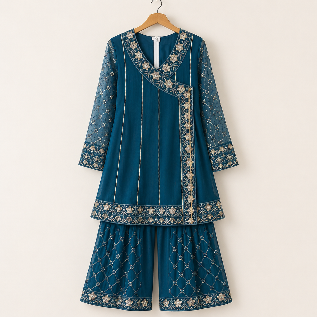 Teal Blue Embroidered Gharara 3-Piece Girls Suit