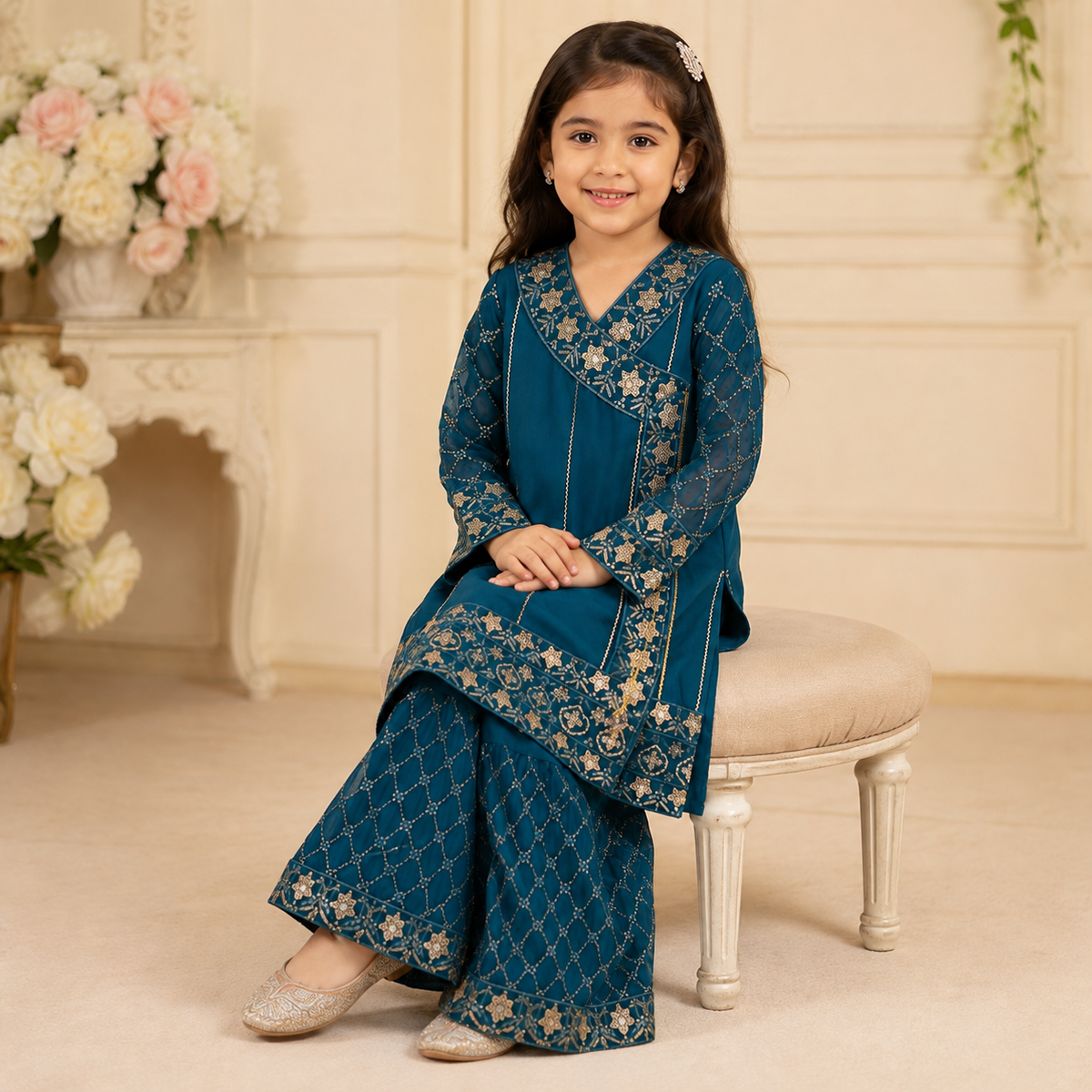 Teal Blue Embroidered Gharara 3-Piece Girls Suit