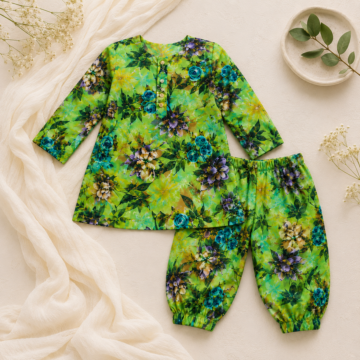 Green Floral Shalwar Kameez detail view - baby shalwar kameez by Little Maryam