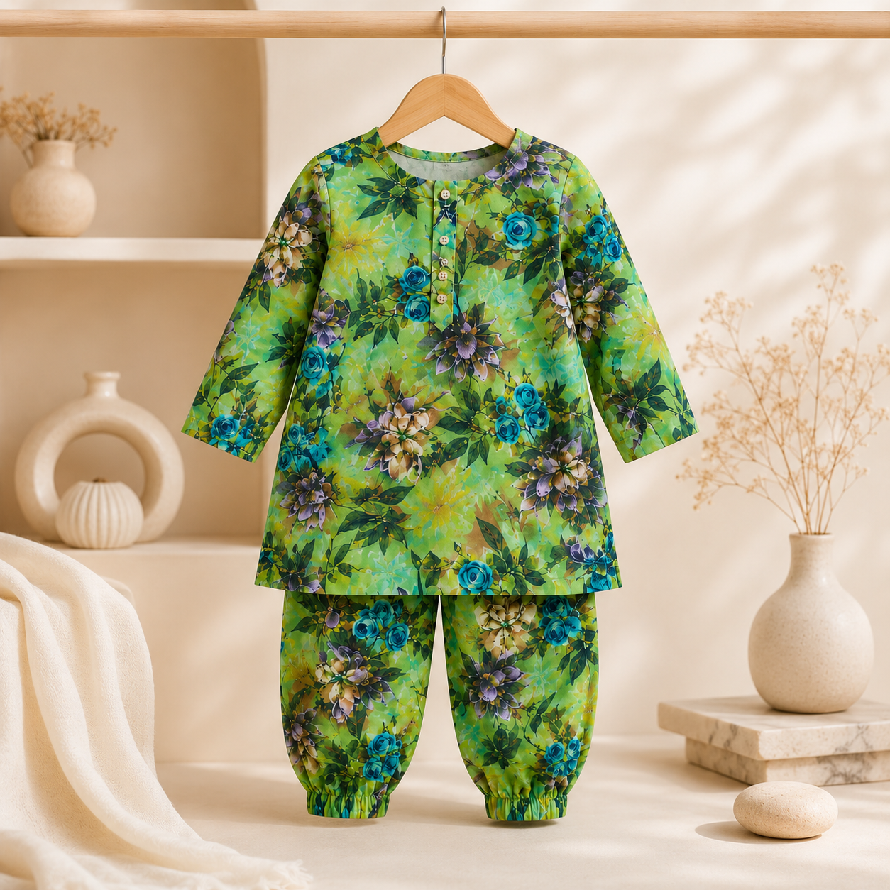 Green Floral Shalwar Kameez outfit view - baby shalwar kameez by Little Maryam
