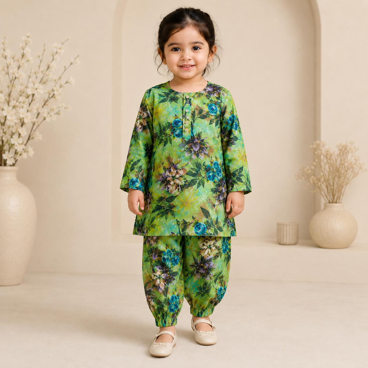 Green Floral Shalwar Kameez front view - baby shalwar kameez by Little Maryam