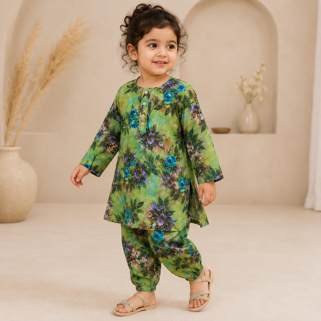 Green Floral Shalwar Kameez side view - baby shalwar kameez by Little Maryam