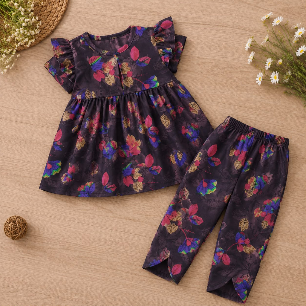 Noir Petals Frock Capri Set detail view - baby girl frock set by Little Maryam