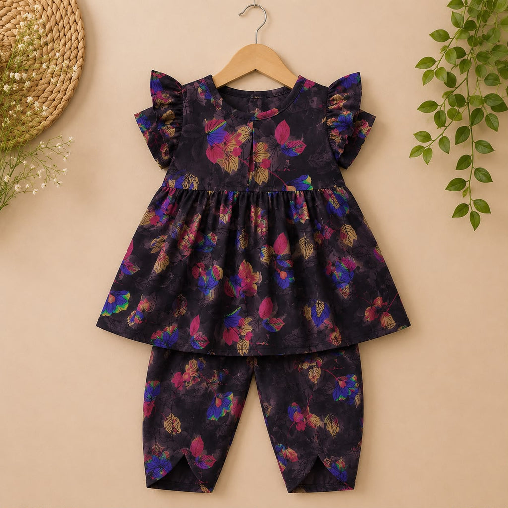 Noir Petals Frock Capri Set side view - baby girl frock set by Little Maryam