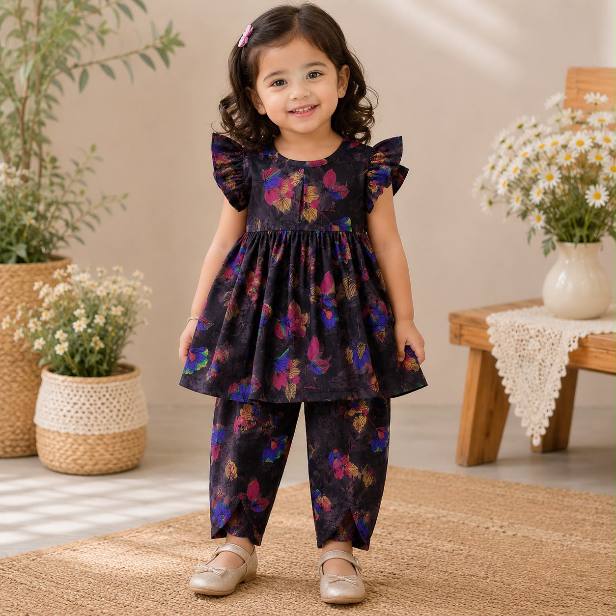 Noir Petals Frock Capri Set front view - baby girl frock set by Little Maryam