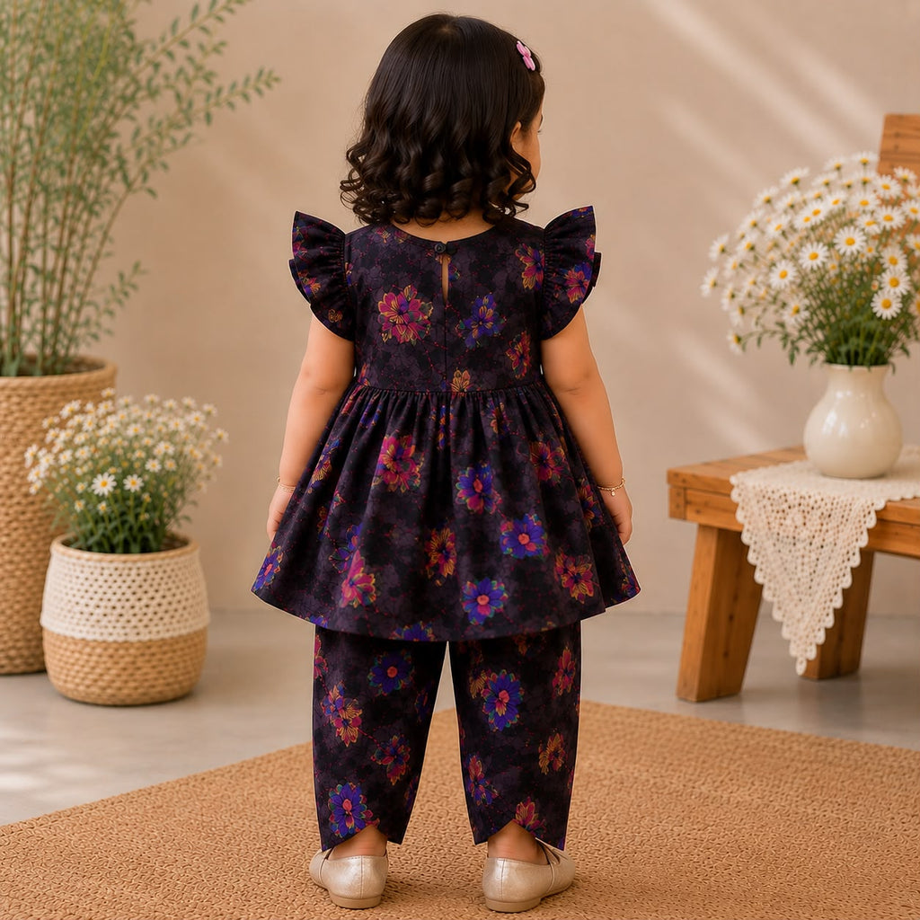 Noir Petals Frock Capri Set outfit view - baby girl frock set by Little Maryam