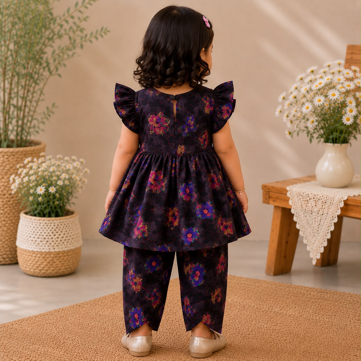 Noir Petals Frock Capri Set outfit view - baby girl frock set by Little Maryam