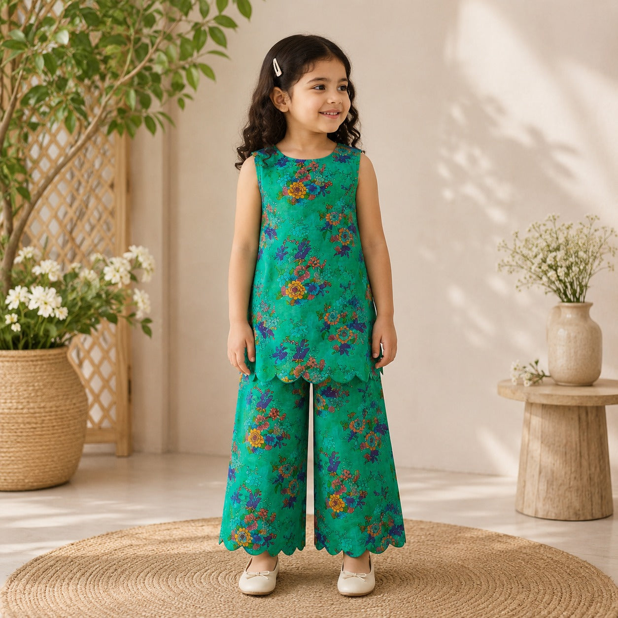 Emerald Bloom Kurti Set front view - baby girl kurti set by Little Maryam