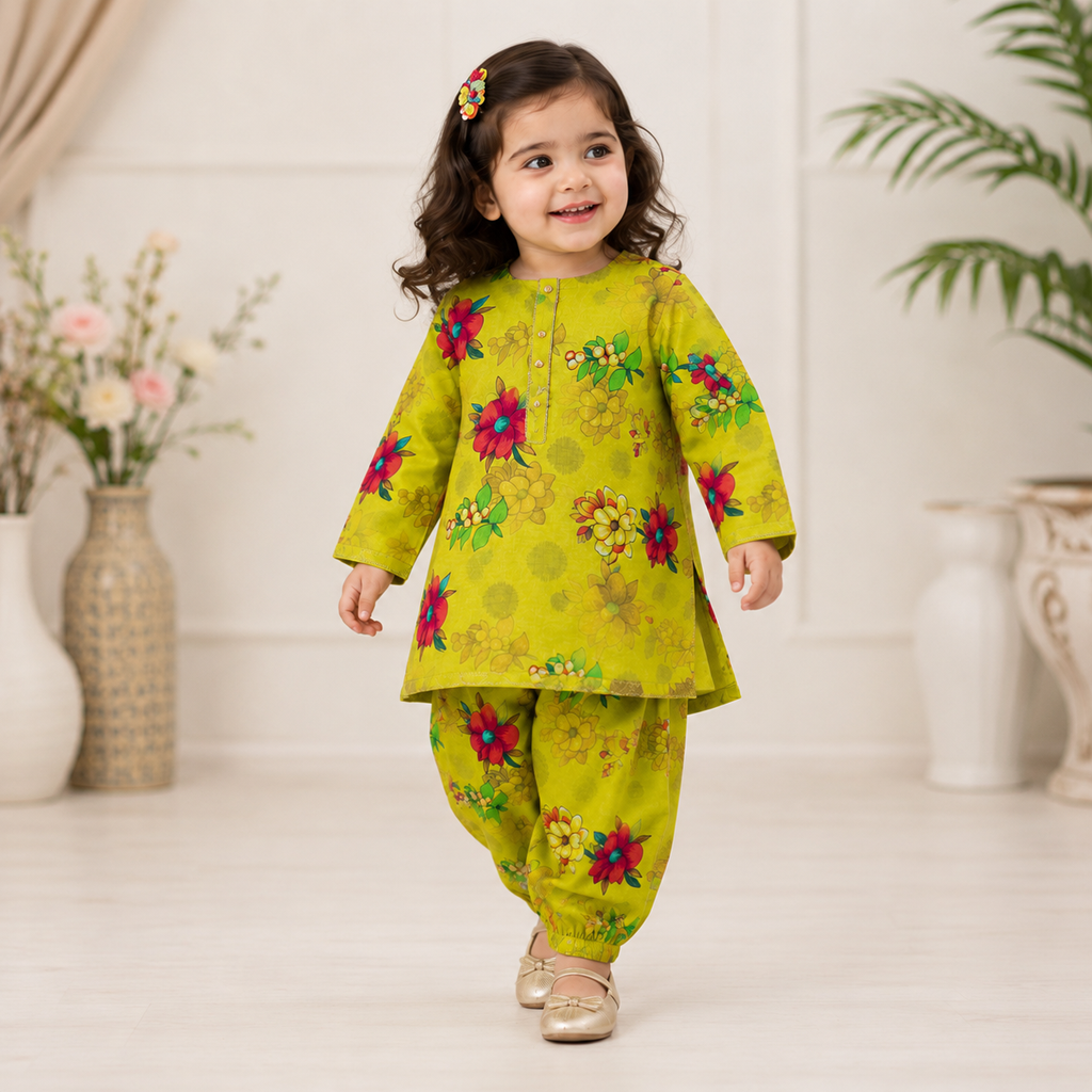 Lime Bloom Baby Shalwar Kameez side view - baby shalwar kameez by Little Maryam