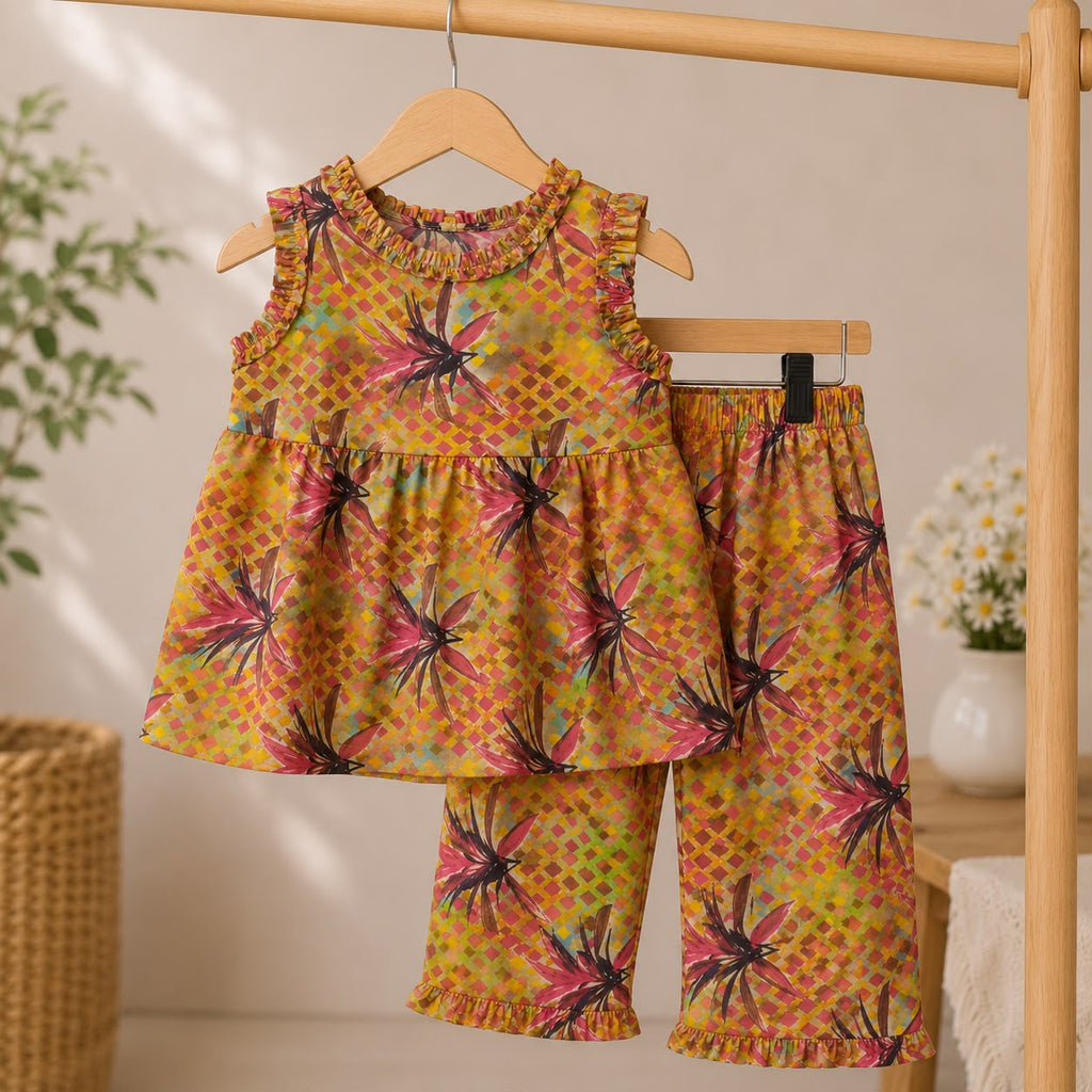 Golden Bloom Frock Set side view - baby girl frock set by Little Maryam