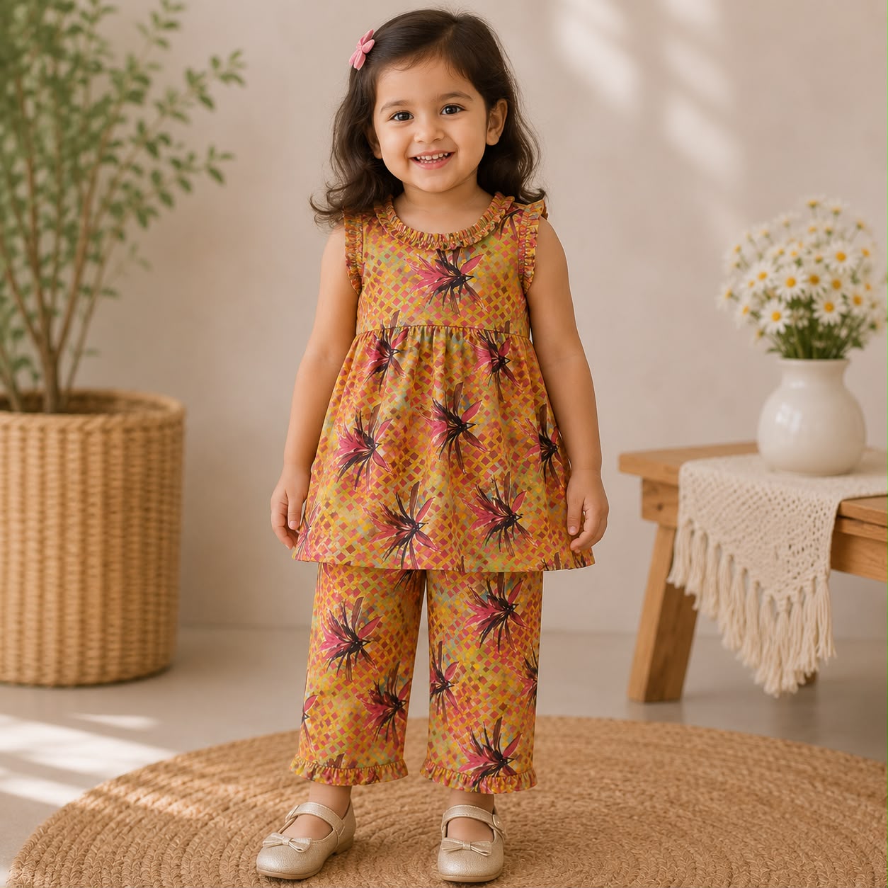 Golden Bloom Frock Set front view - baby girl frock set by Little Maryam