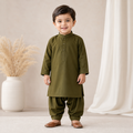 Olive Classic Baby Kurta Set front view - baby shalwar kameez by Little Maryam