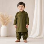 Olive Classic Baby Kurta Set front view - baby shalwar kameez by Little Maryam
