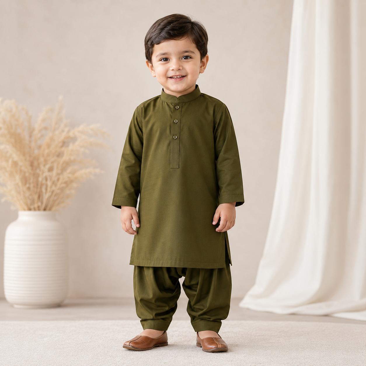 Olive Classic Baby Kurta Set front view - baby shalwar kameez by Little Maryam