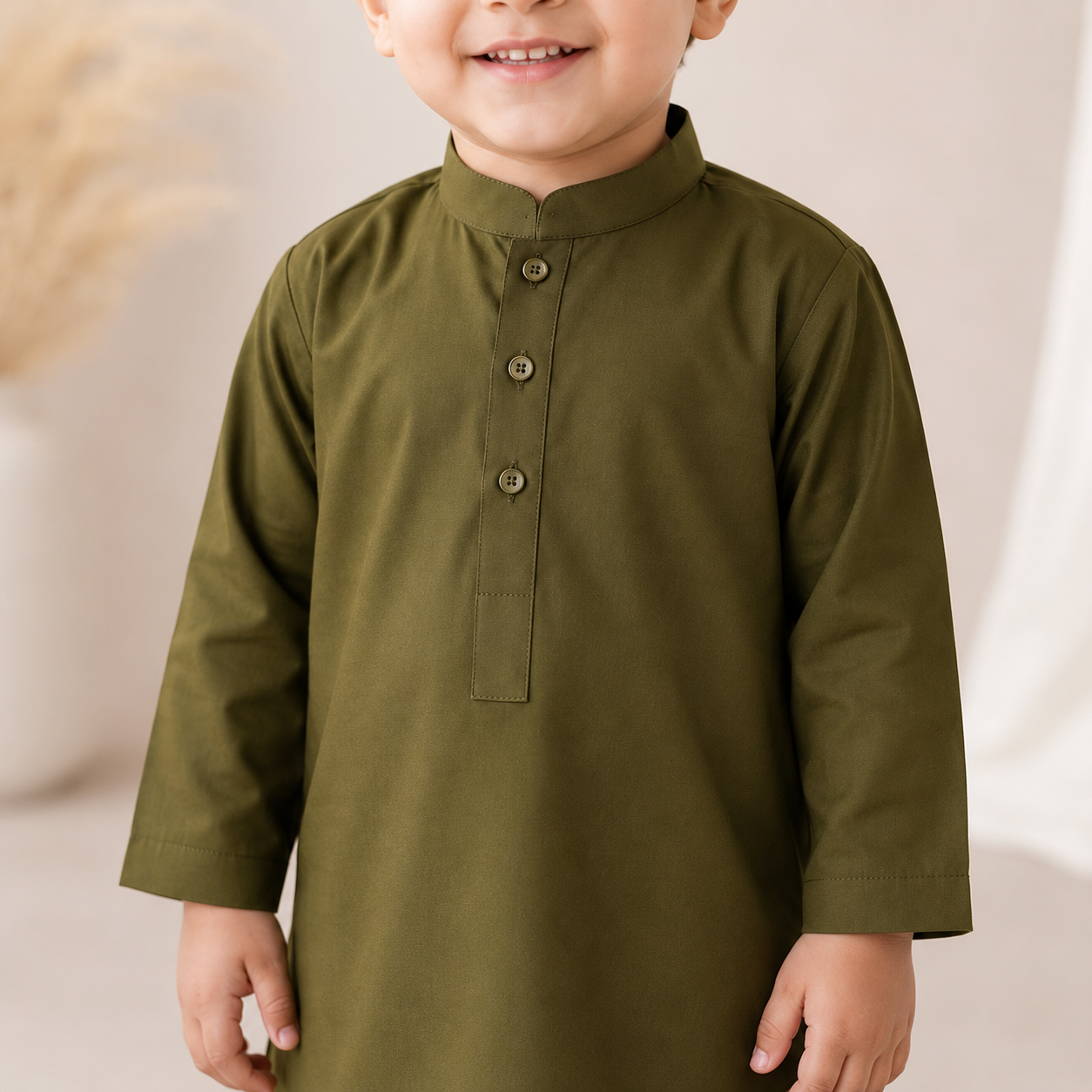 Olive Classic Baby Kurta Set side view - baby shalwar kameez by Little Maryam