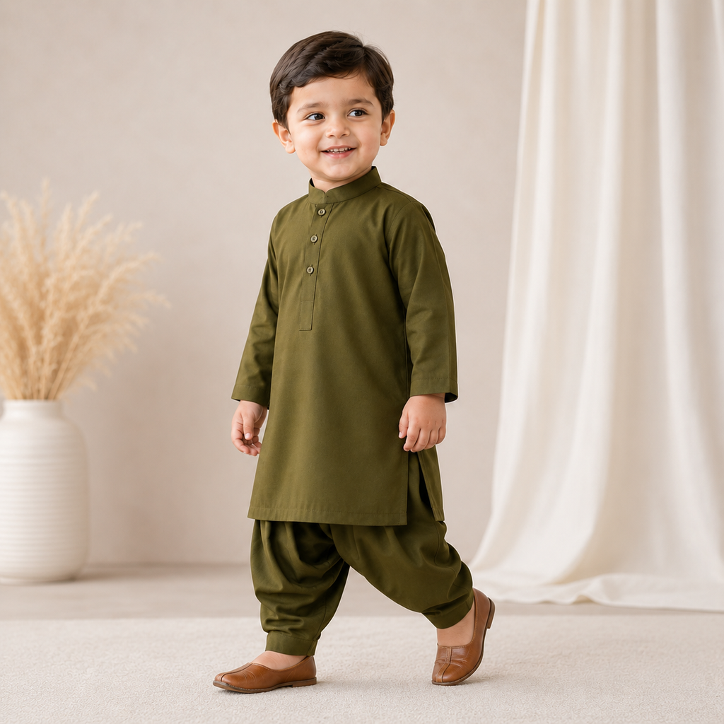 Olive Classic Baby Kurta Set outfit view - baby shalwar kameez by Little Maryam