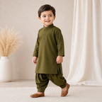 Olive Classic Baby Kurta Set outfit view - baby shalwar kameez by Little Maryam