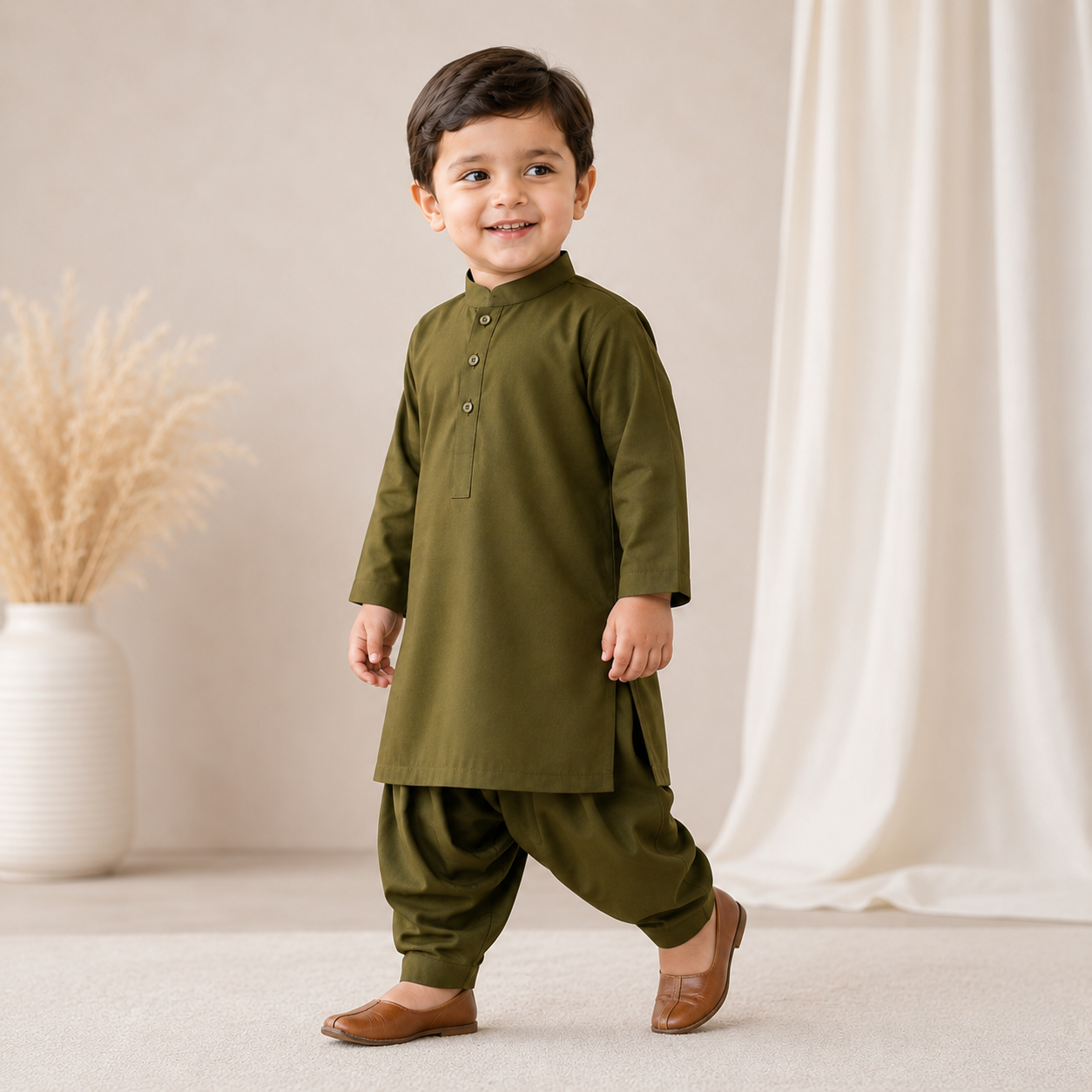 Olive Classic Baby Kurta Set outfit view - baby shalwar kameez by Little Maryam