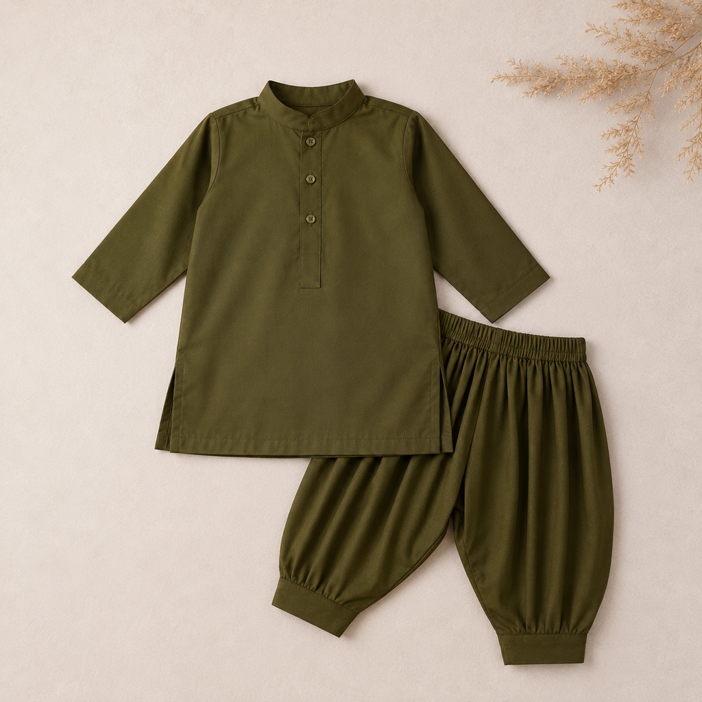 Olive Classic Baby Kurta Set detail view - baby shalwar kameez by Little Maryam