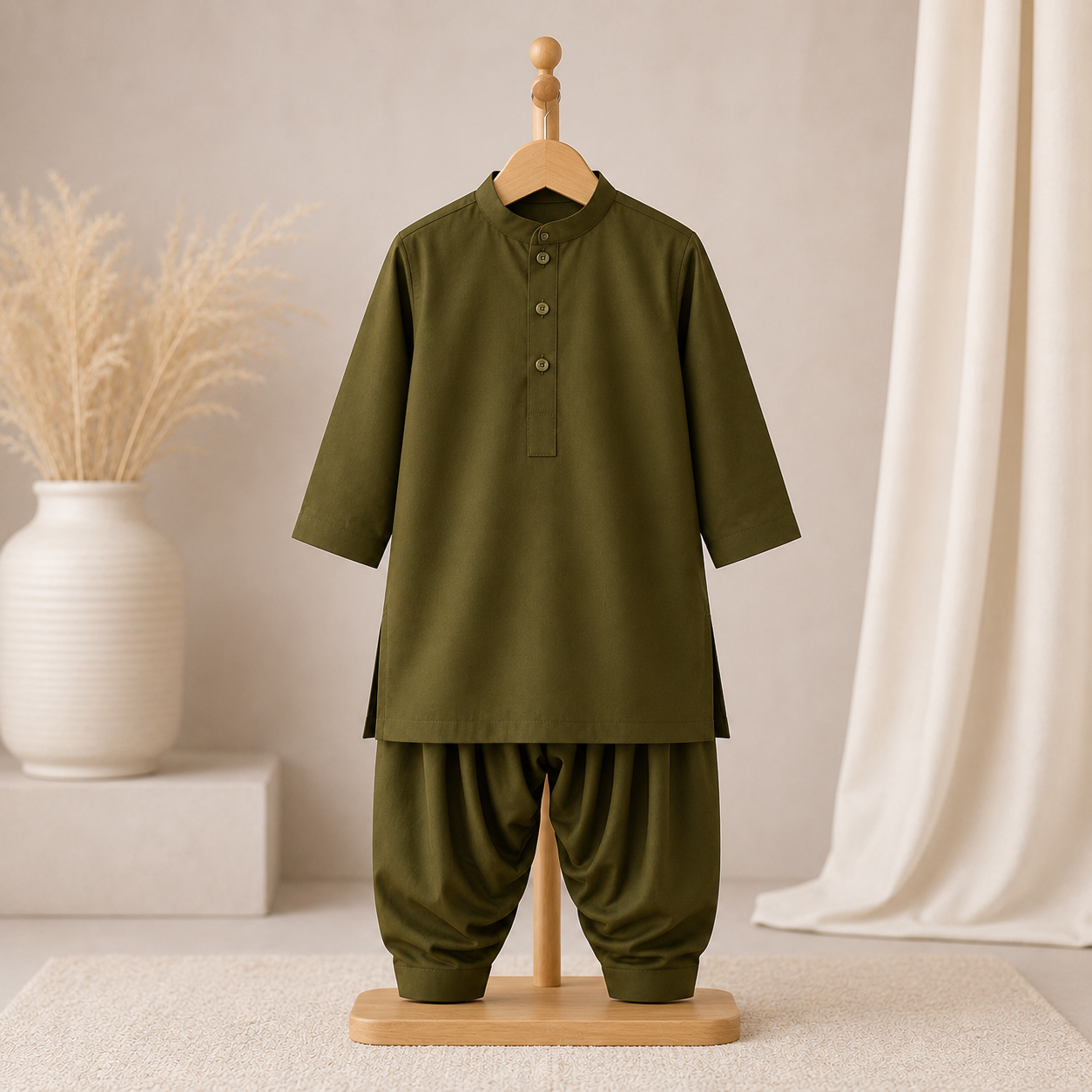 Olive Classic Baby Kurta Set fabric detail - baby shalwar kameez by Little Maryam