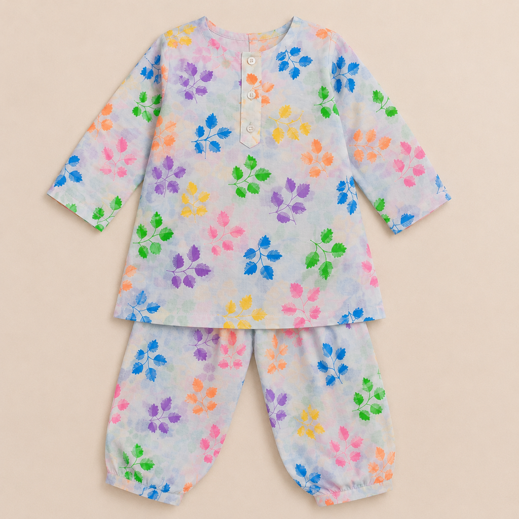 Pastel Leaf Baby Shalwar Kameez detail view - baby shalwar kameez by Little Maryam