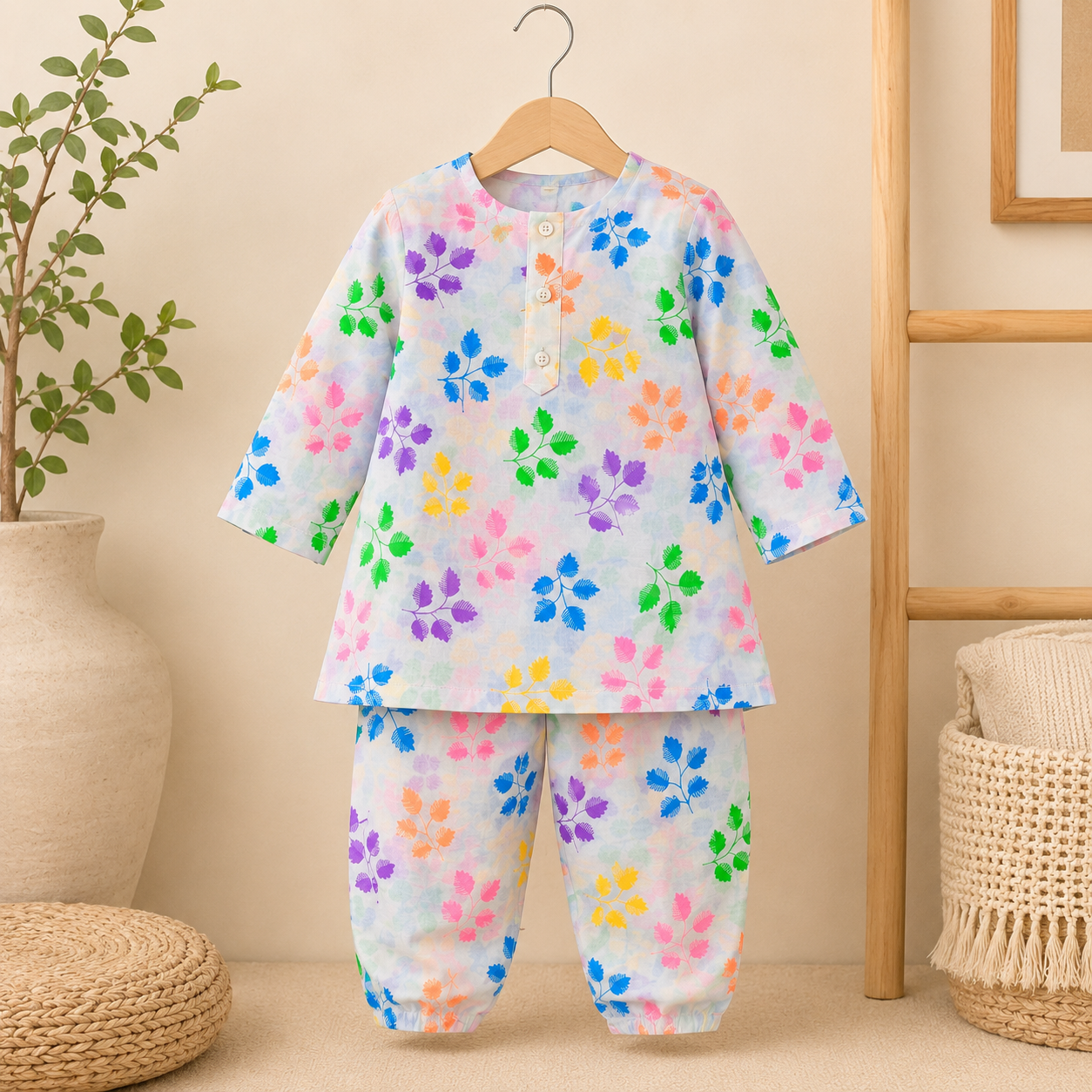 Pastel Leaf Baby Shalwar Kameez side view - baby shalwar kameez by Little Maryam