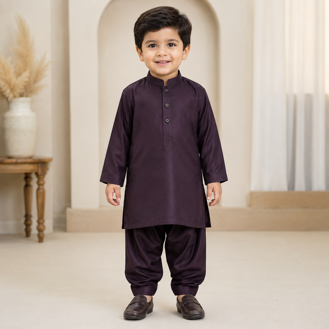 Plum Boski Shalwar Kameez front view - baby boy Pakistani outfit by Little Maryam