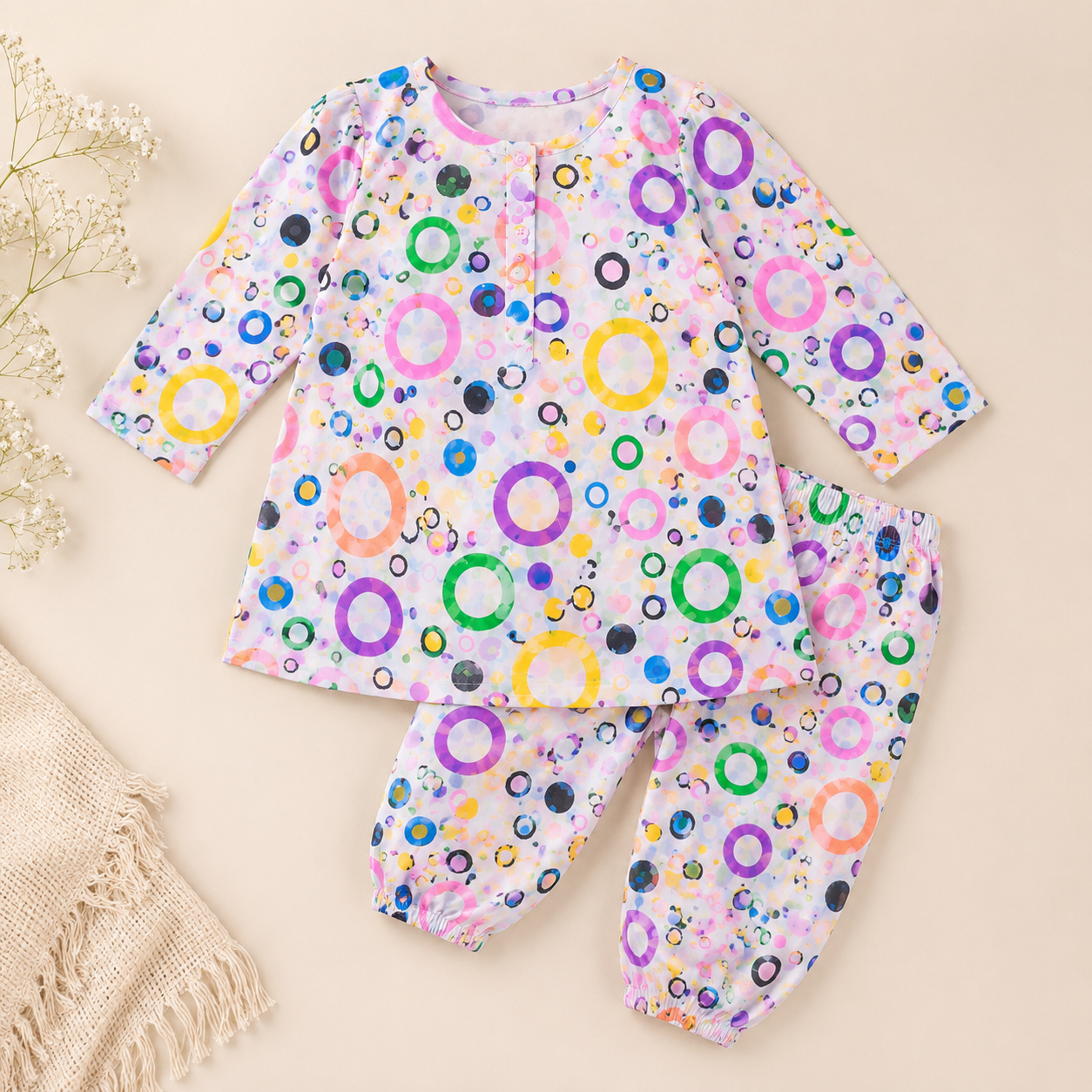 Rainbow Circles Baby Shalwar Kameez detail view - baby shalwar kameez by Little Maryam