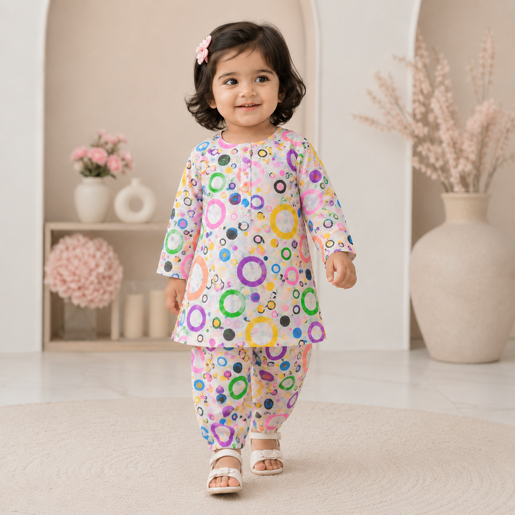 Rainbow Circles Baby Shalwar Kameez side view - baby shalwar kameez by Little Maryam