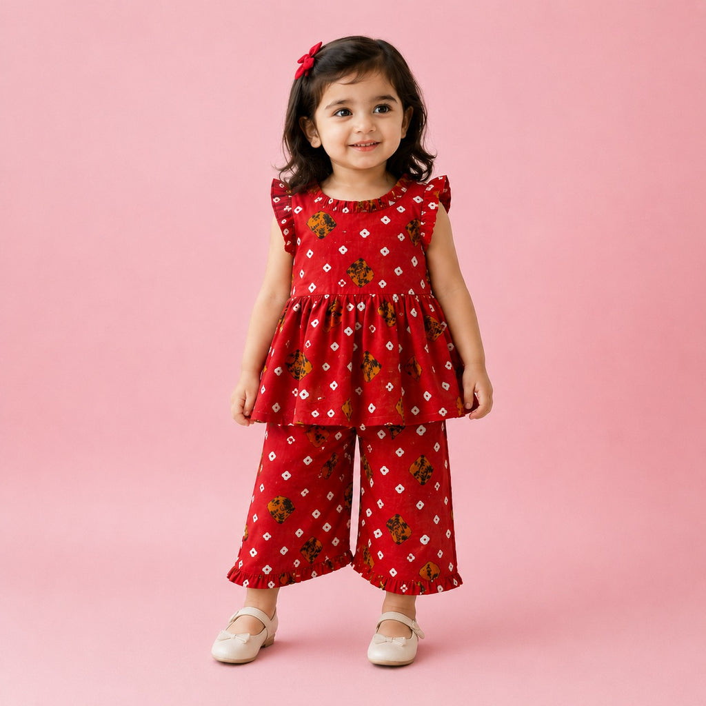 Scarlet Bloom Frock Set front view - baby girl frock set by Little Maryam