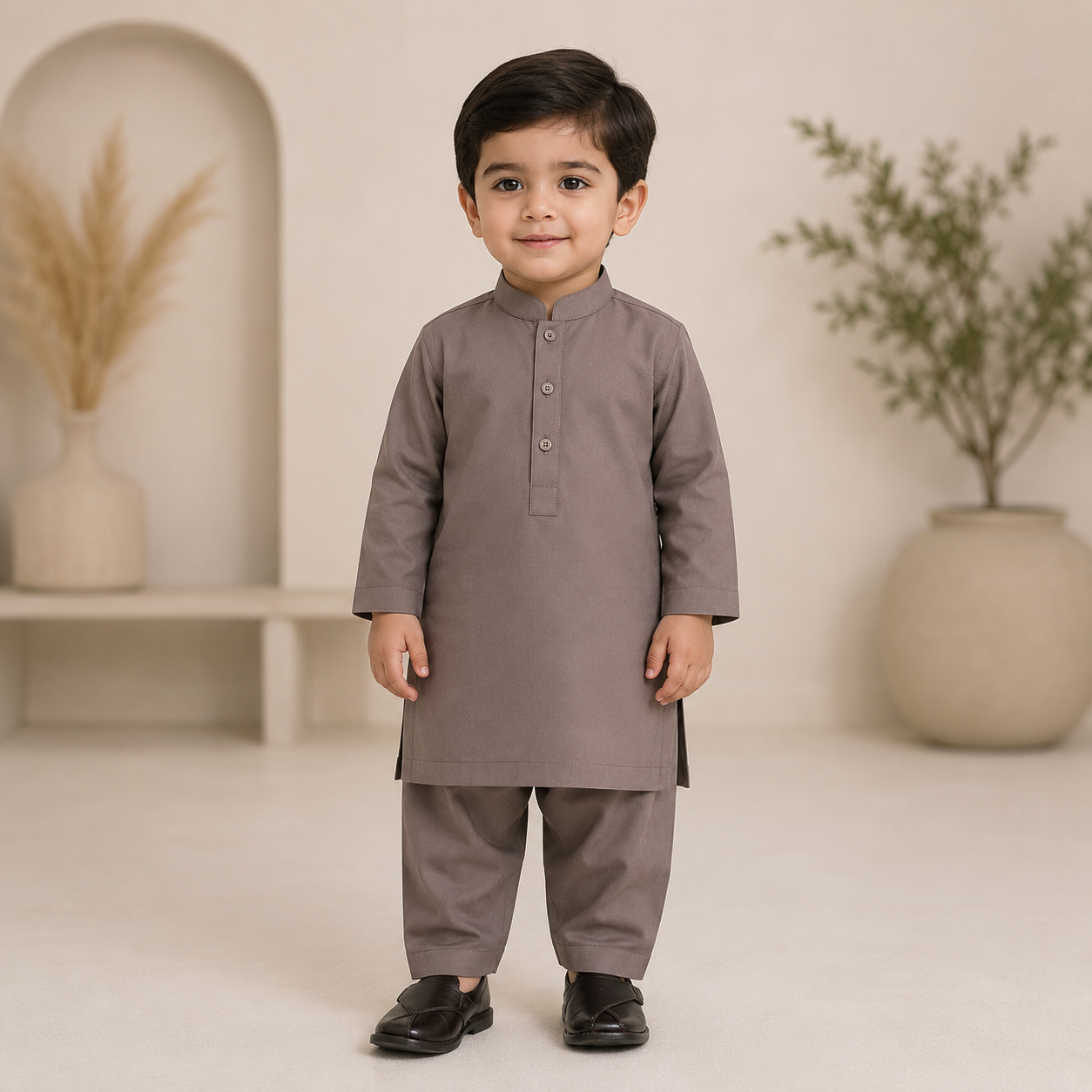 Taupe Boski Baby Boy Shalwar Kameez front view - baby boy Pakistani outfit by Little Maryam