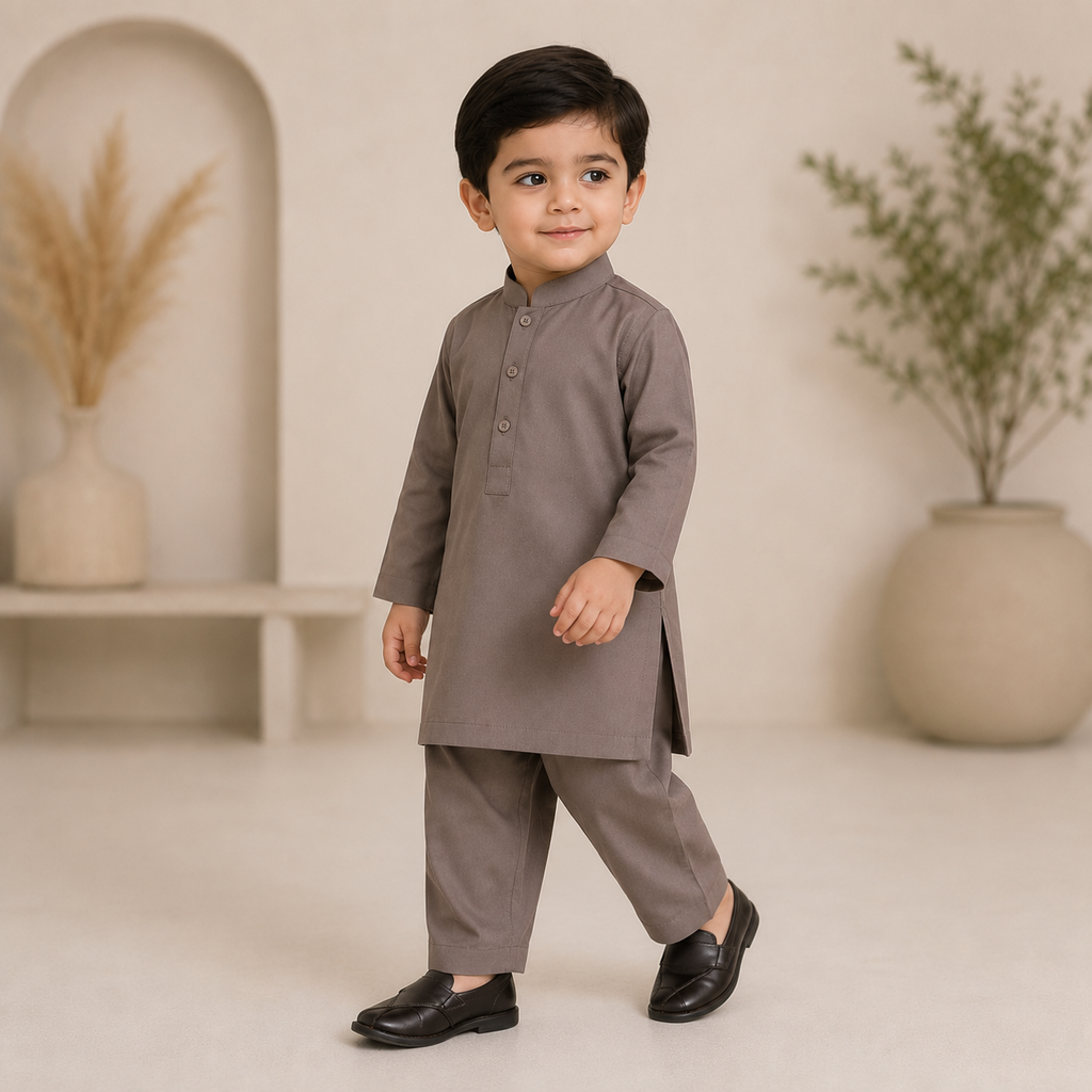 Taupe Boski Baby Boy Shalwar Kameez outfit view - baby boy Pakistani outfit by Little Maryam