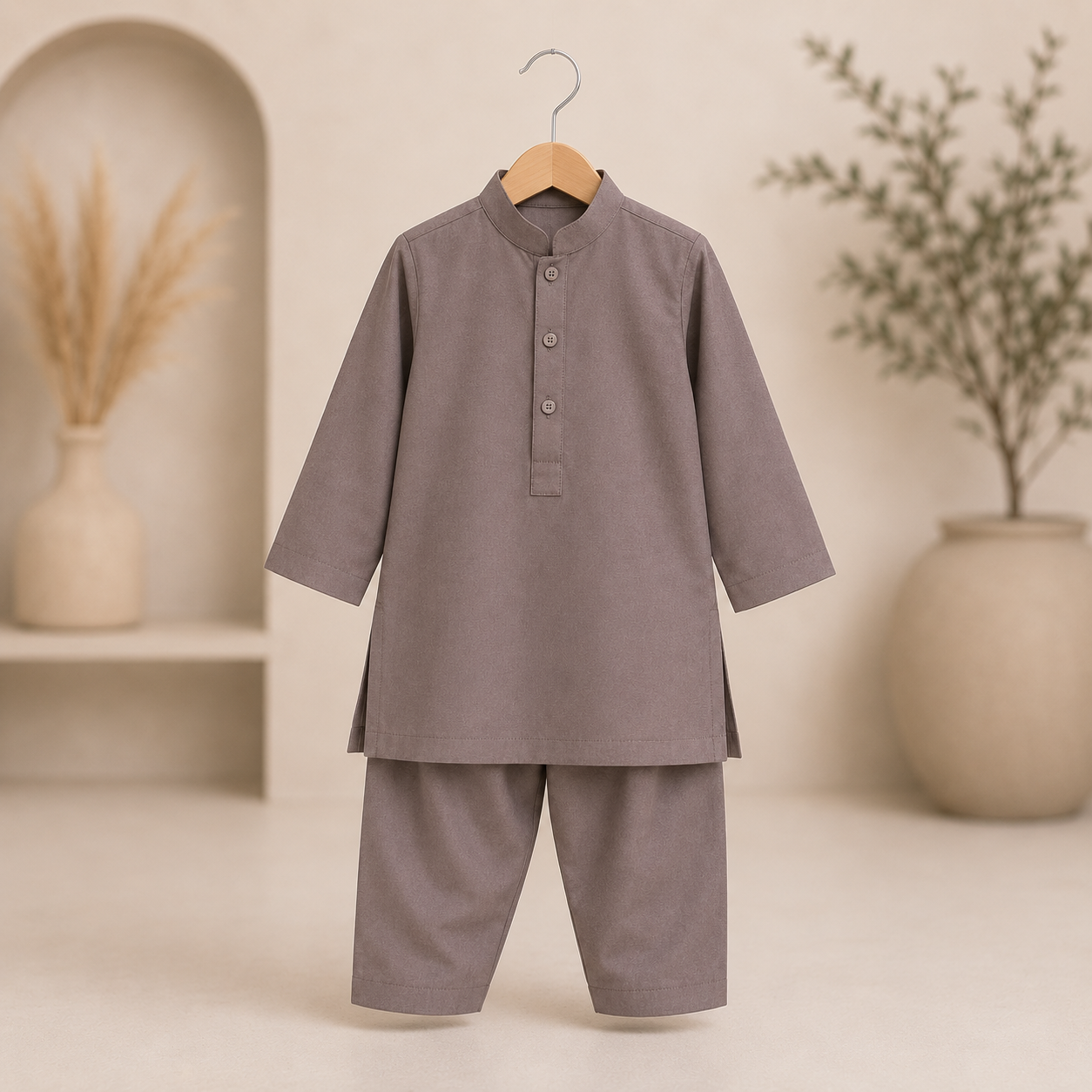 Taupe Boski Baby Boy Shalwar Kameez fabric detail - baby boy Pakistani outfit by Little Maryam
