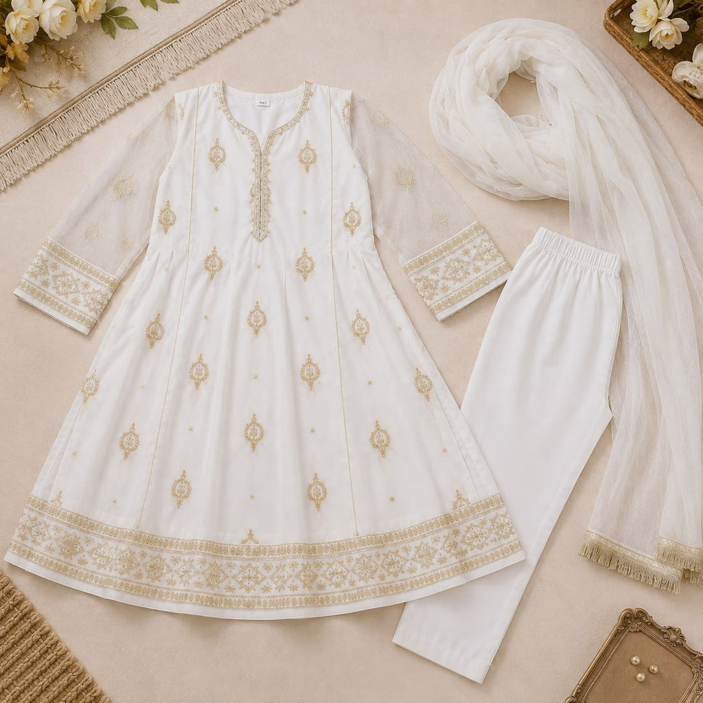 Mehr White and Gold Embroidered 3-Piece Set outfit view - Heritage Collection by Little Maryam