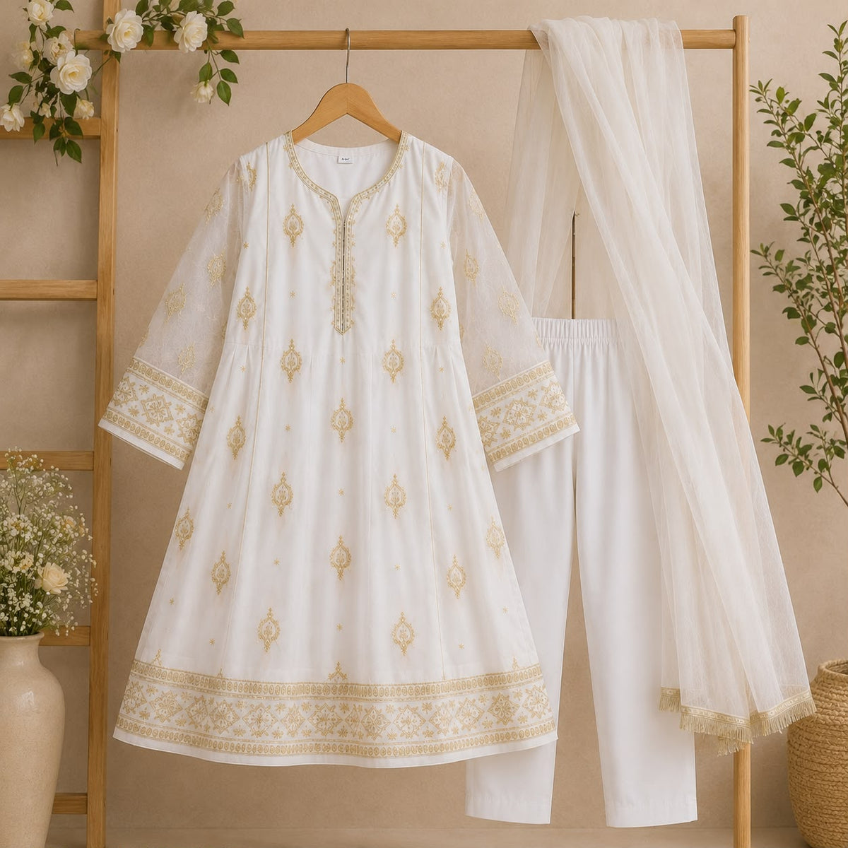 Mehr White and Gold Embroidered 3-Piece Set side view - party wear for girls by Little Maryam