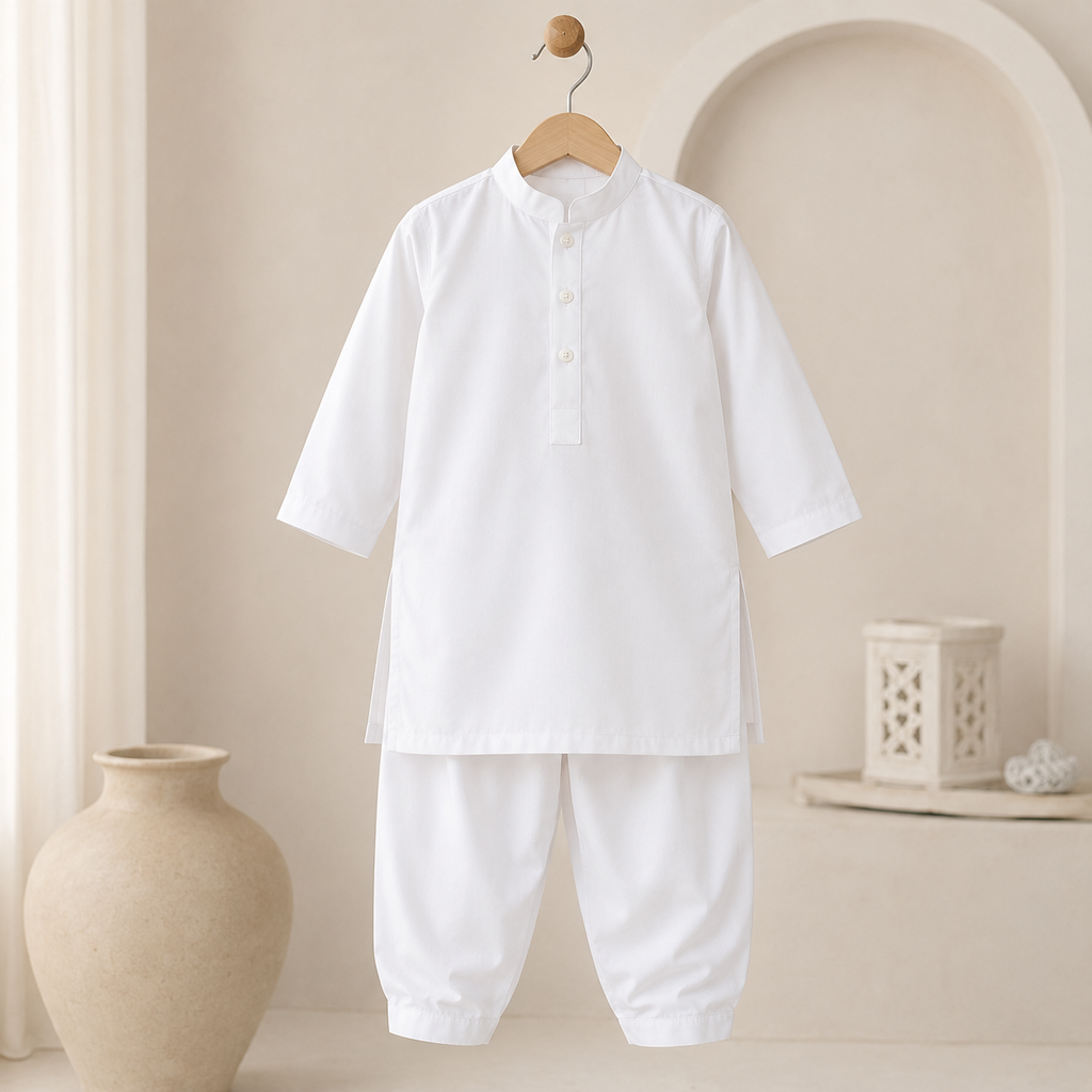 White Boski Baby Boy Shalwar Kameez side view - baby boy Pakistani outfit by Little Maryam