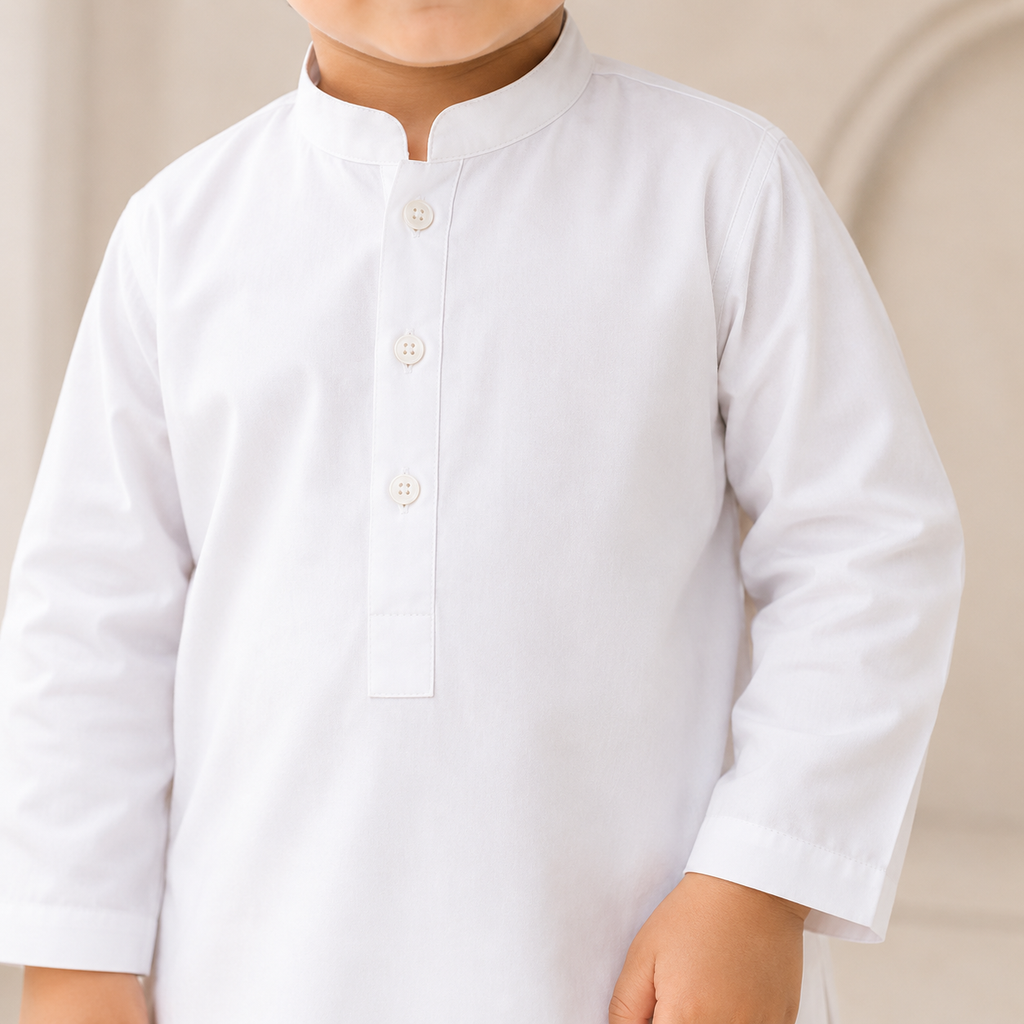 White Boski Baby Boy Shalwar Kameez outfit view - baby boy Pakistani outfit by Little Maryam