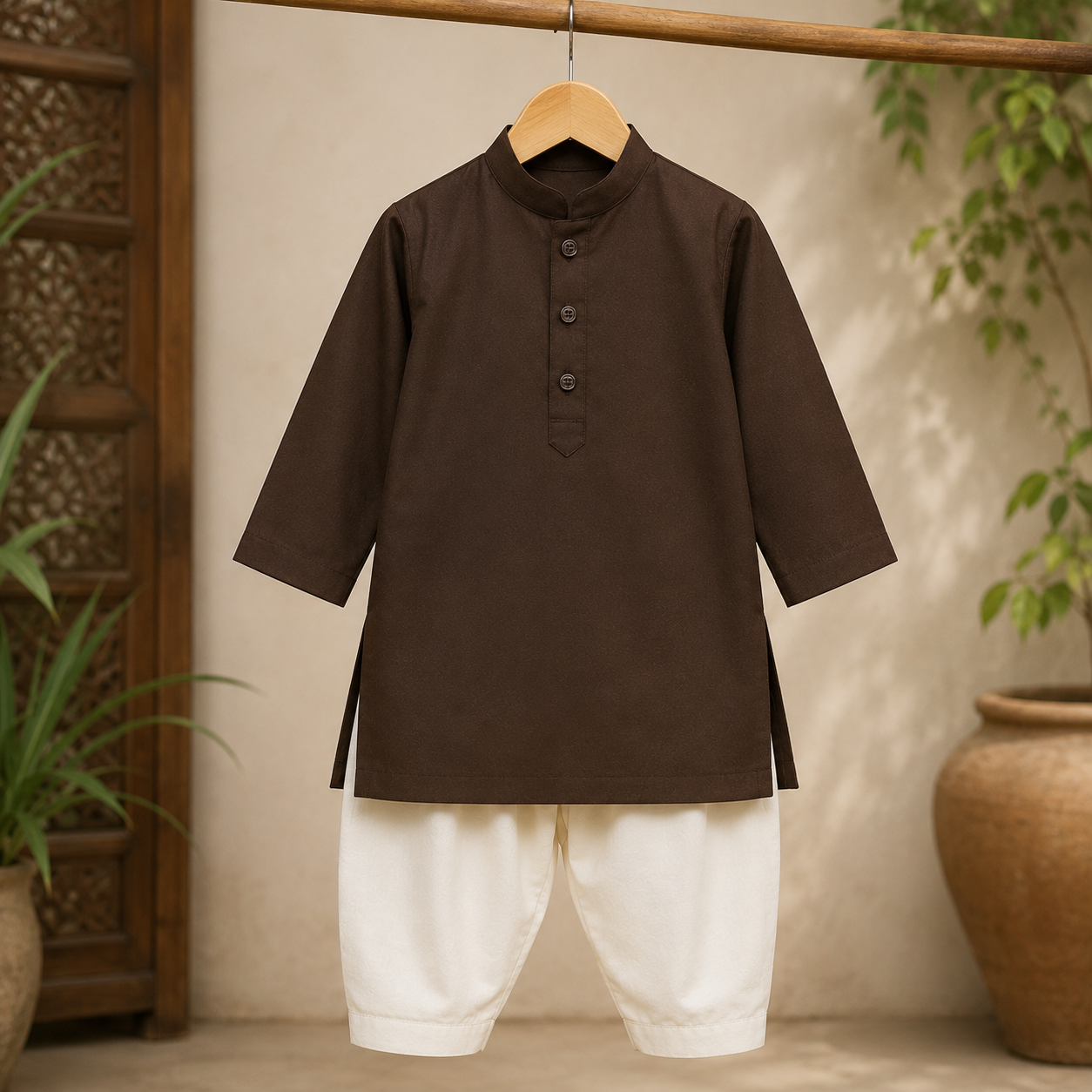 Chocolate Boski Boys Kurta Shalwar hanger view