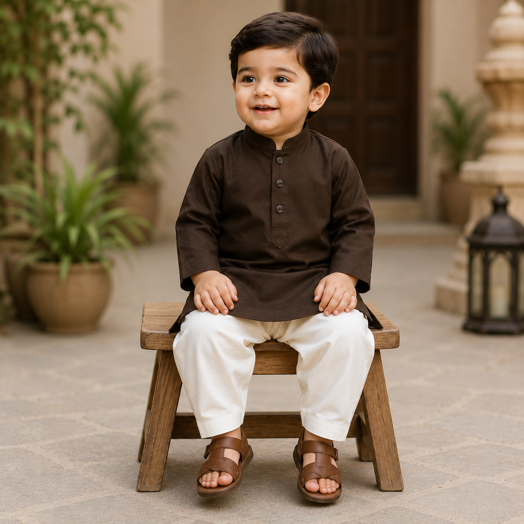 Chocolate Boski Boys Kurta Shalwar seated view