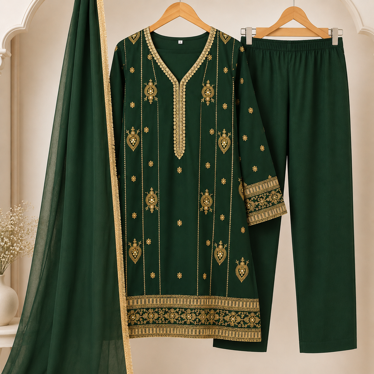 Emerald green girls embroidered shalwar kameez with dupatta