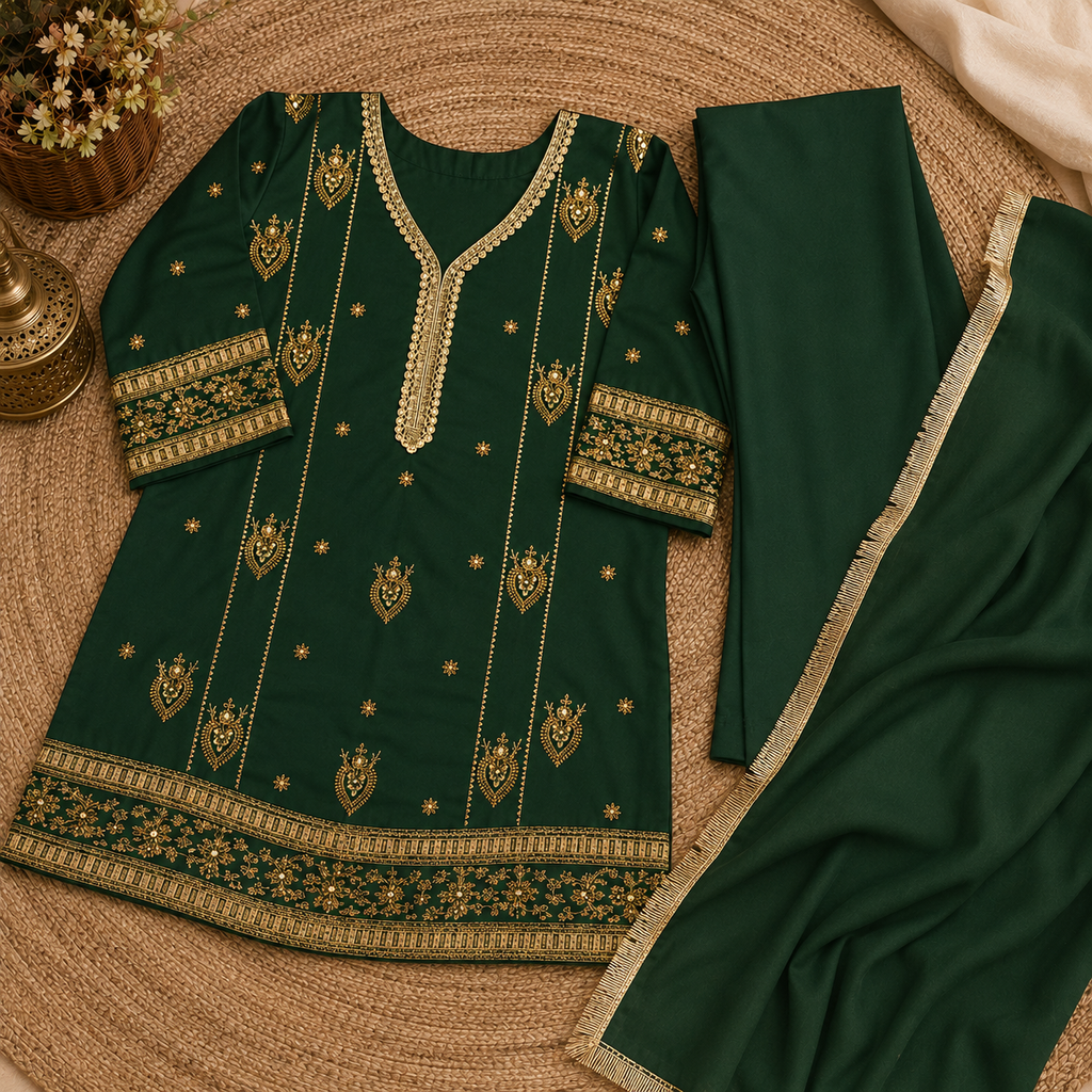 Emerald green girls traditional outfit flat lay with dupatta